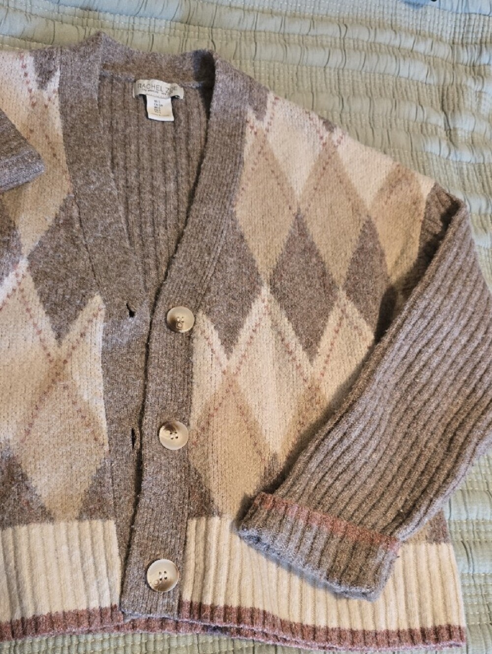 Rachel Zoe Taupe & Cream Argyle Knit Cardigan with Soft Pink Accents